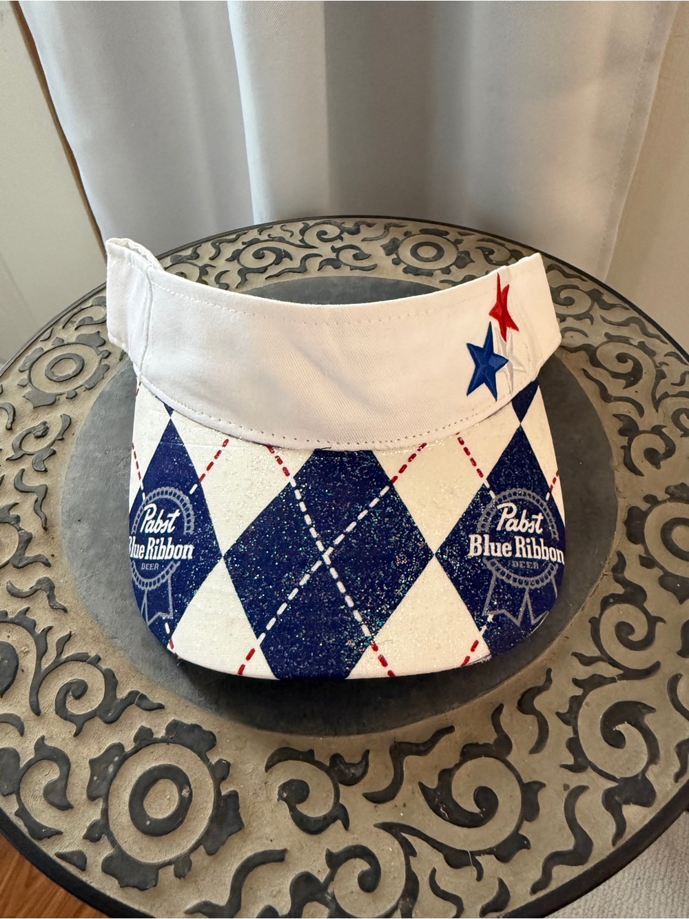 Glittery Pabst Blue Ribbon Argyle Golf Tennis Visor Red White Blue Stars OS PBR